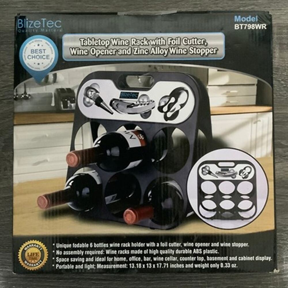 BlizeTec Tabletop Wine Rack Opener Foil Cutter Stopper Set NIB